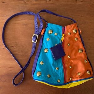 Leather, multi colored bag w/ gold studs